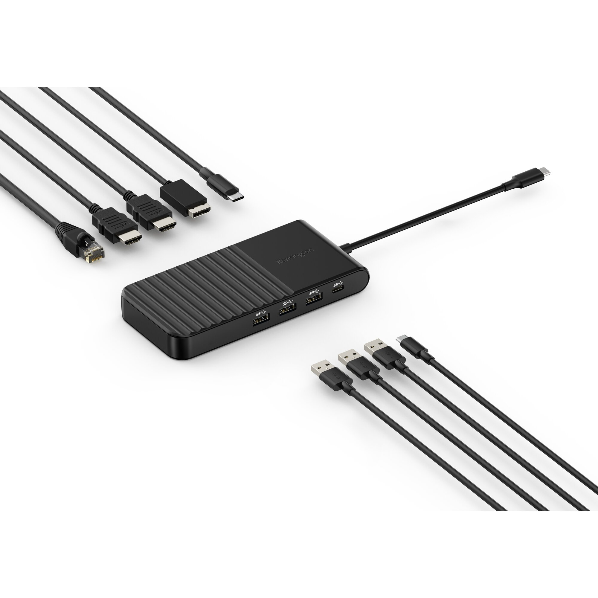 Hub Kensington nero con porte USB e HDMI, circondato da cavi.