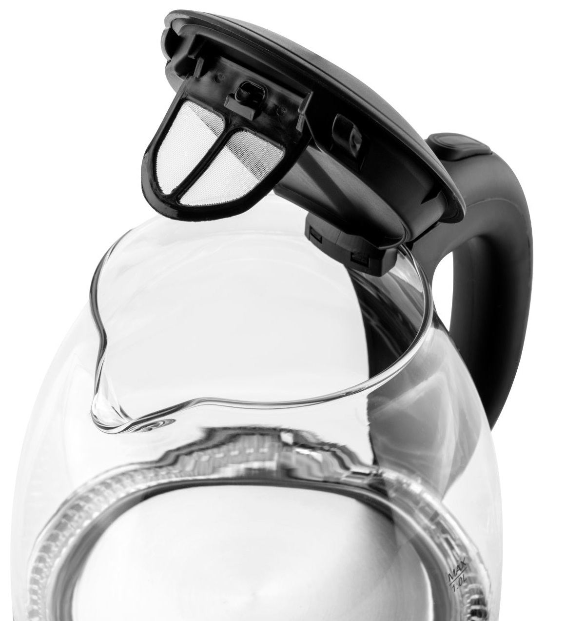 Parte superiore di un bollitore elettrico trasparente con coperchio nero aperto e filtro.