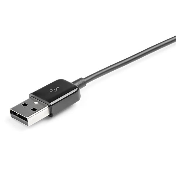 Un cable USB negro con un conector plateado y un símbolo USB.