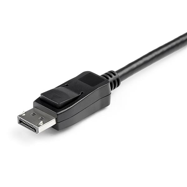 Un cable DisplayPort negro con un conector sobre fondo blanco.