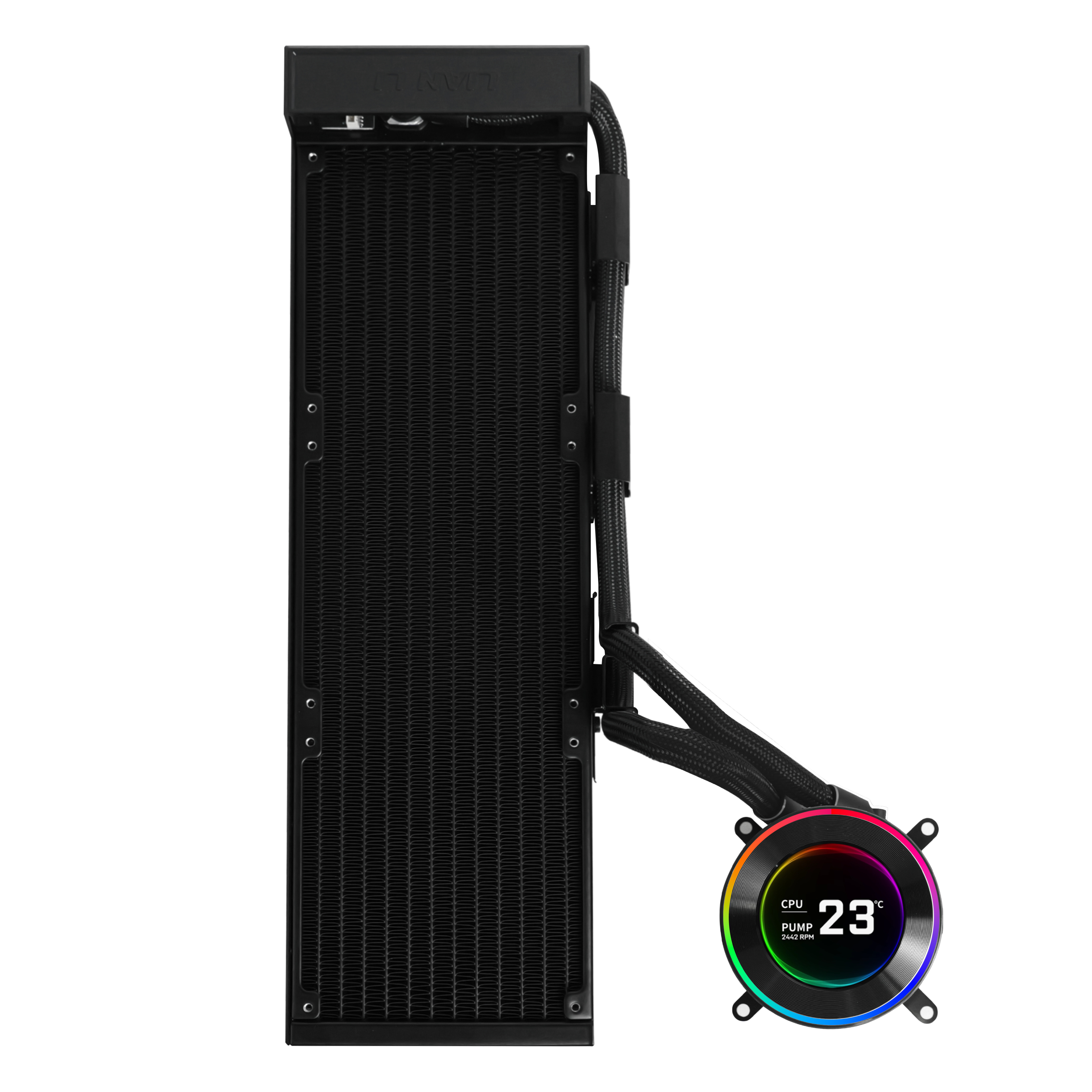 Ein schwarzer CPU-Kühler mit einem rechteckigen Radiator und einem runden Pumpenkopf mit digitaler Anzeige.