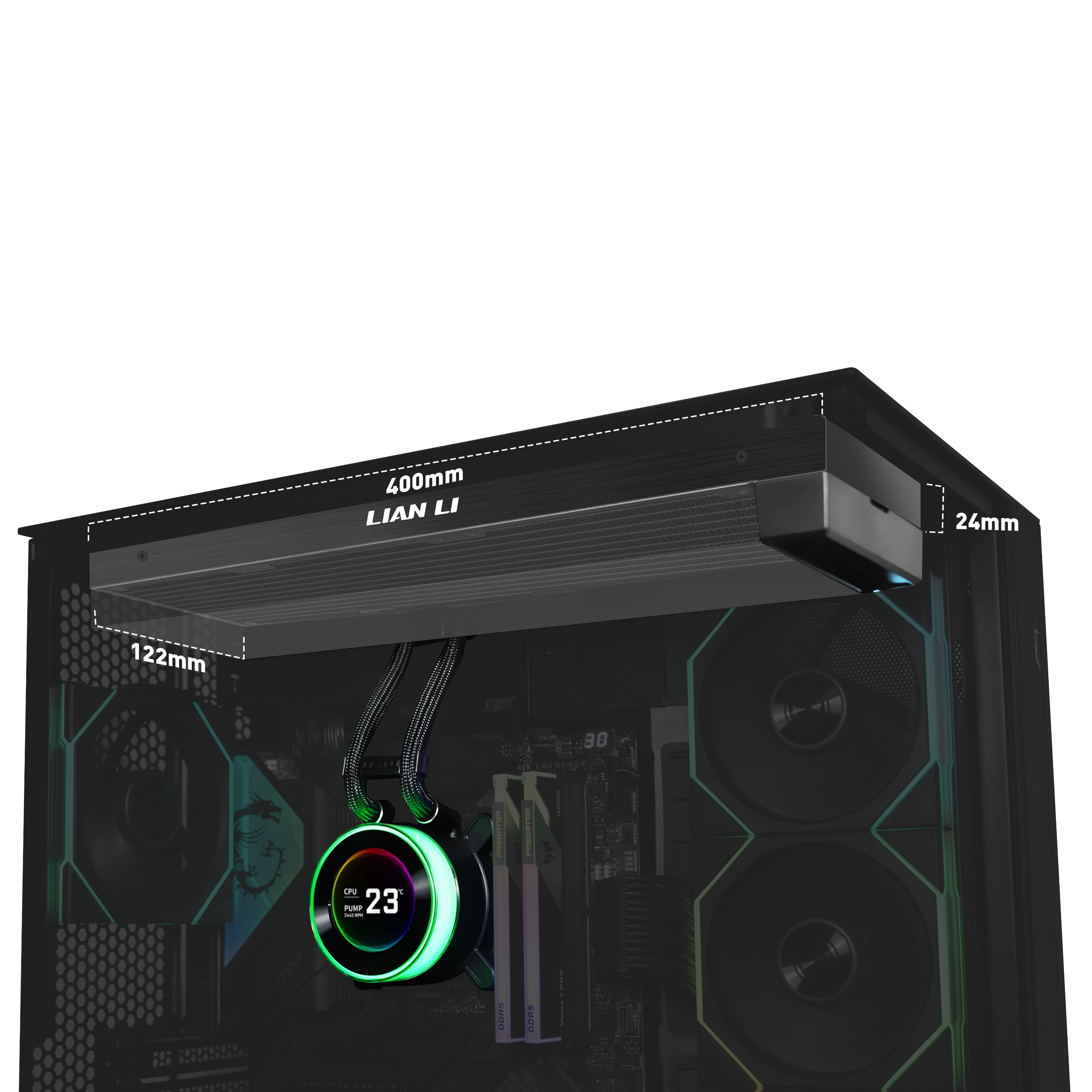Einbau-Radiator mit Lüftern und RGB-Beleuchtung im PC-Gehäuse.