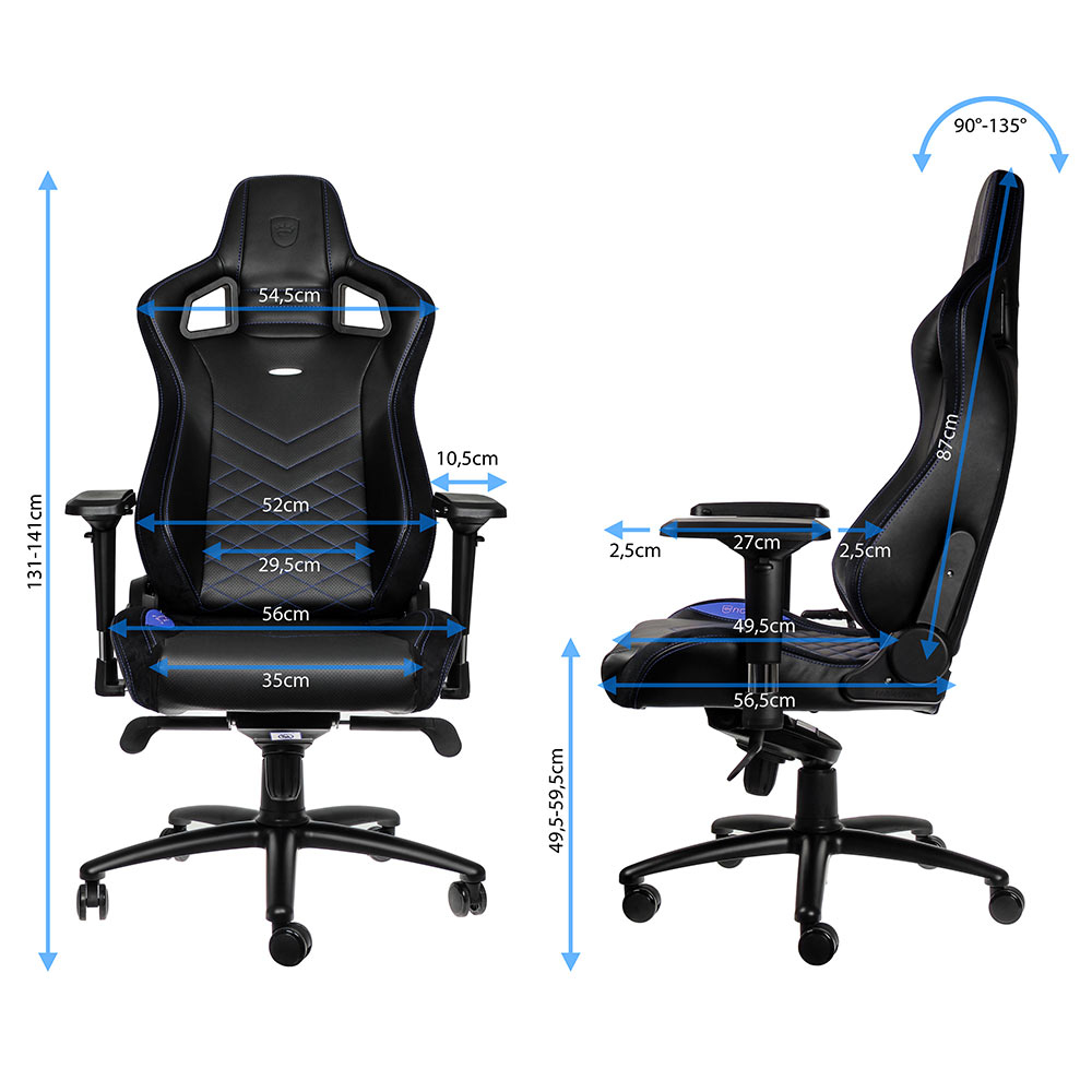 Zwei Ansichten eines schwarzen Gaming-Stuhls mit blauen Akzenten und Maßangaben.
