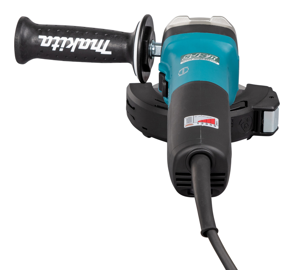 Ein blauer Winkelschleifer mit schwarzem Griff und Kabel auf weißem Hintergrund.