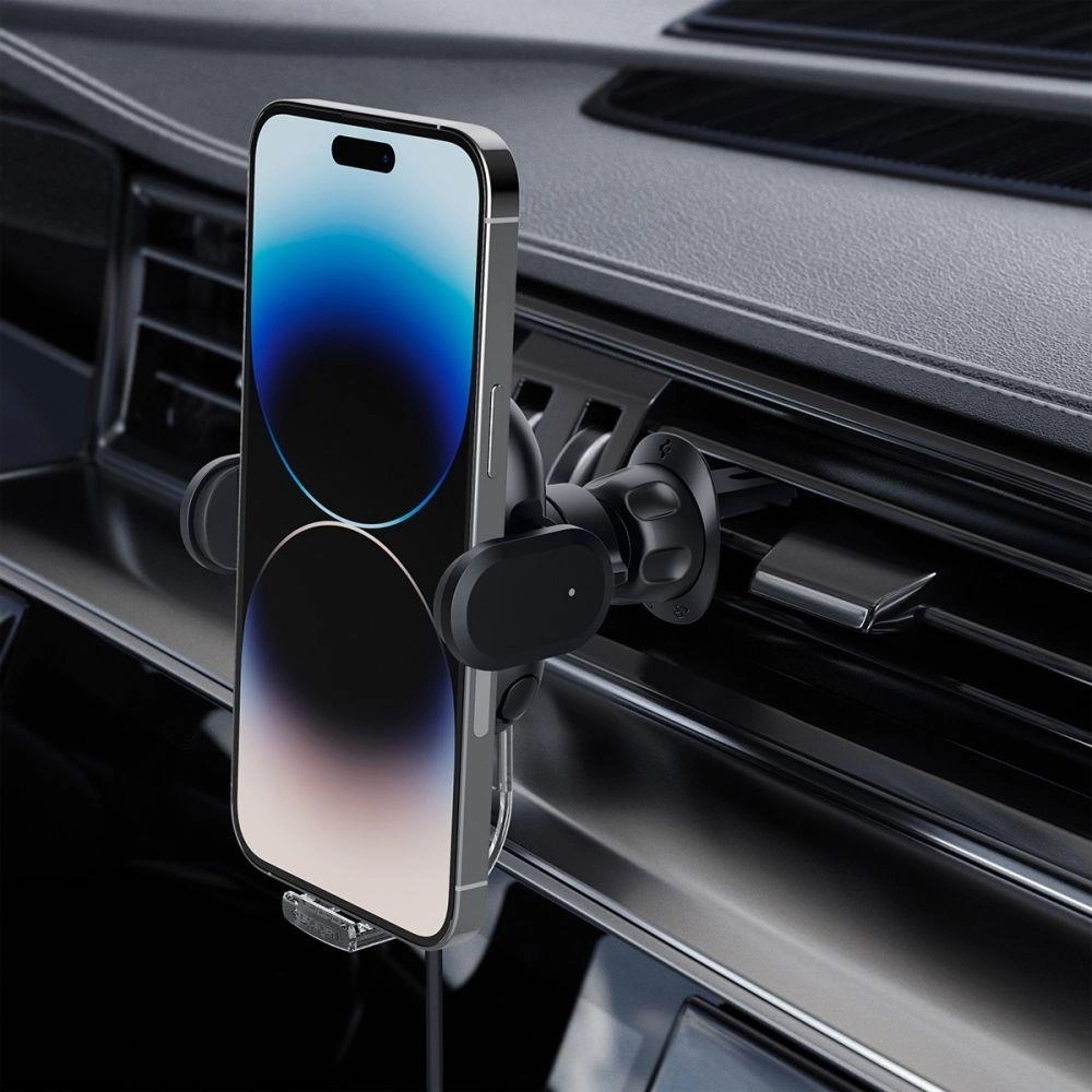 A black phone mount holding an iPhone, attached to a car air vent.