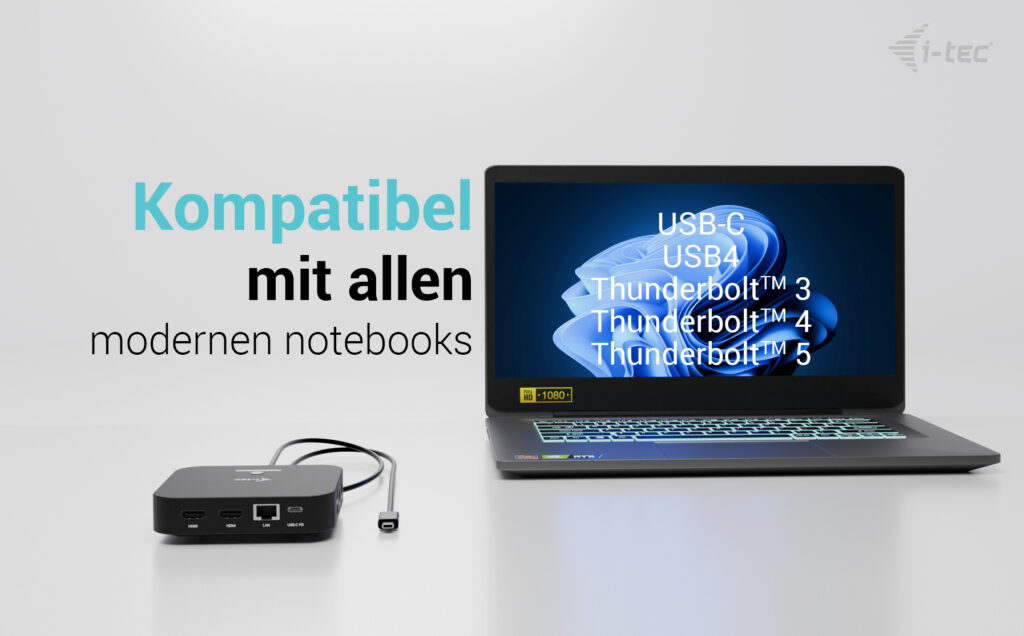 Laptop mit Thunderbolt-Dock und Text über Kompatibilität mit Notebooks.
