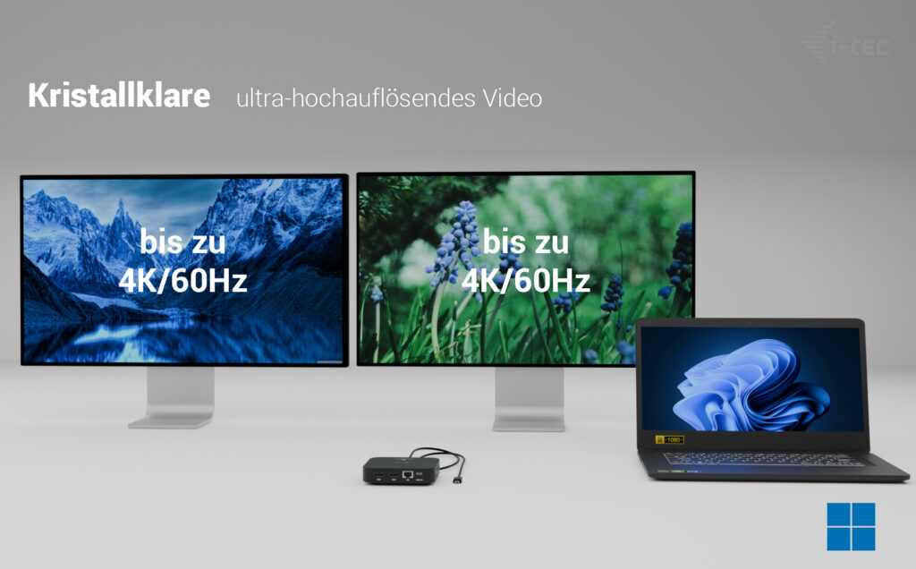 Zwei Monitore und ein Laptop zeigen Inhalte bis 4K/60Hz.