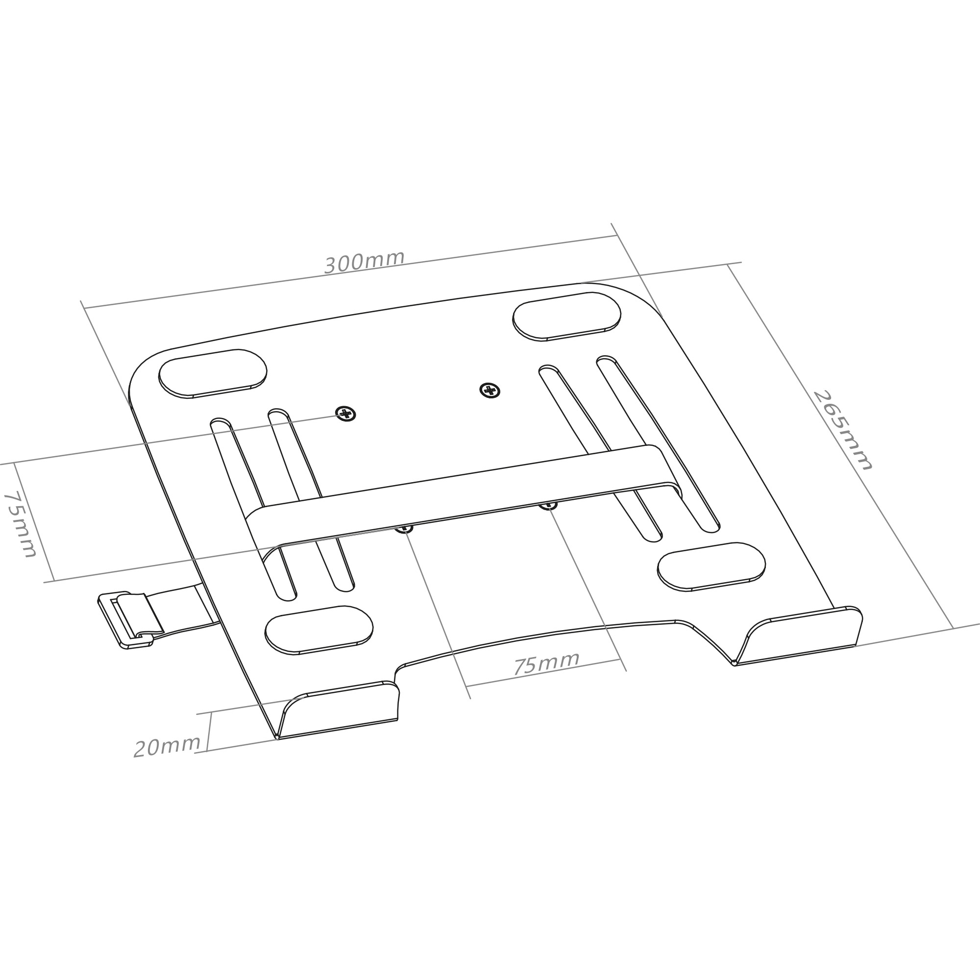 Technische Zeichnung einer Laptop-Halterung mit Maßen.