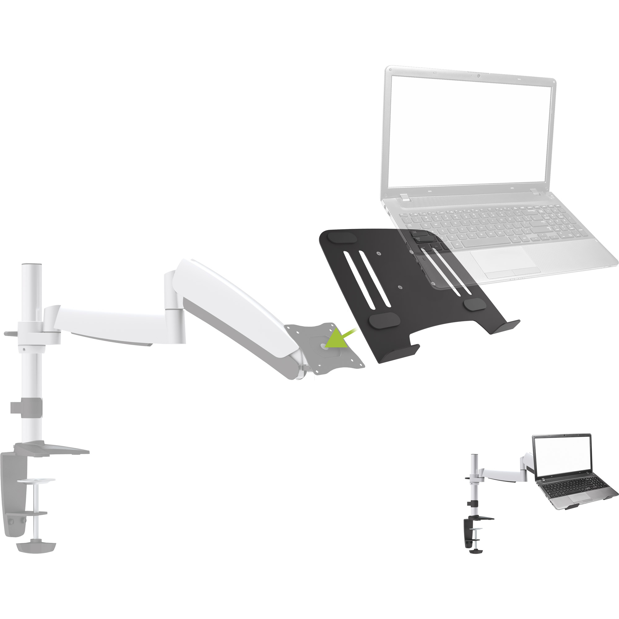 Ein weißer Monitorarm mit schwarzer Laptopablage und Laptop auf weißem Grund.