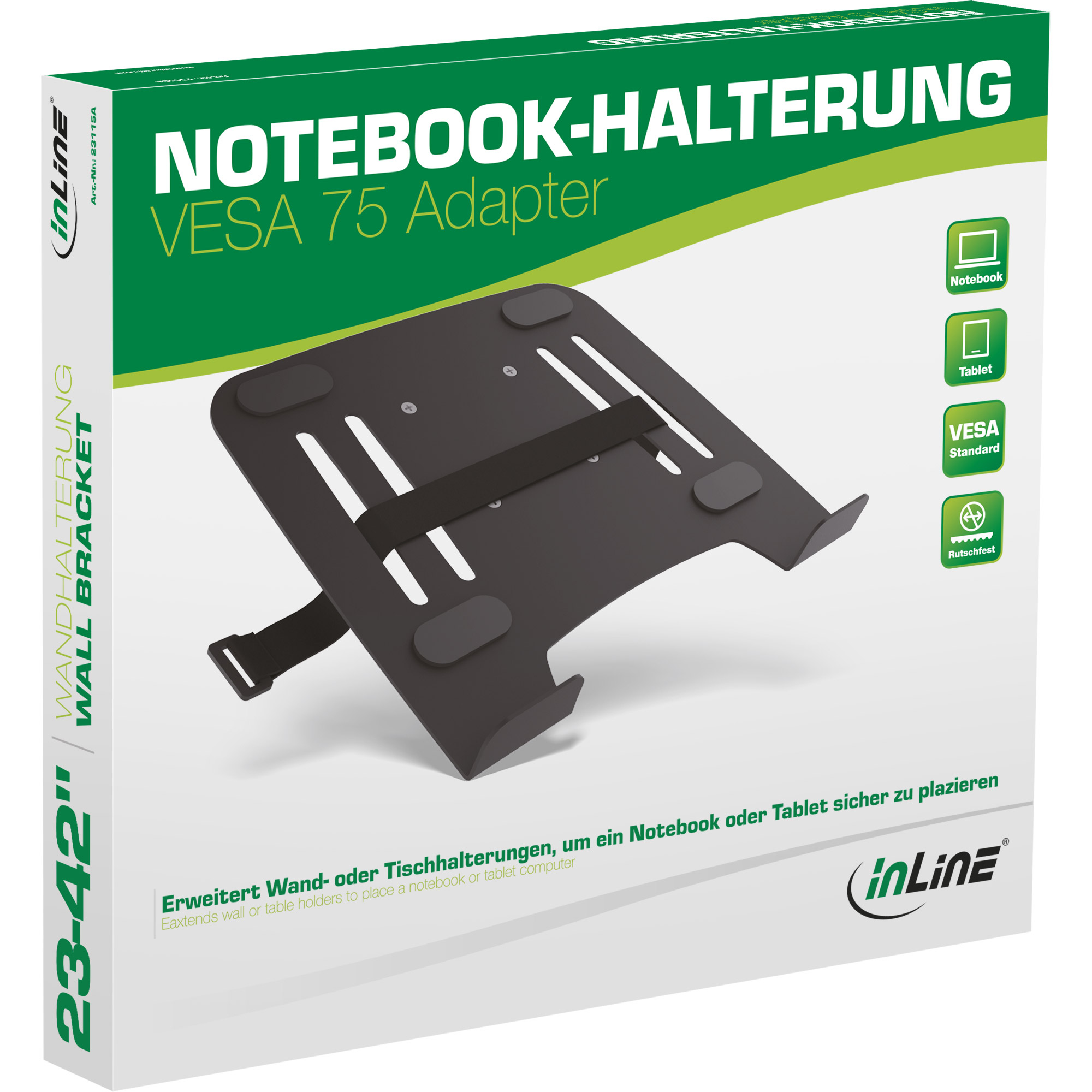 Schwarze Notebook-Halterung mit VESA 75 Adapter auf weißem Karton.