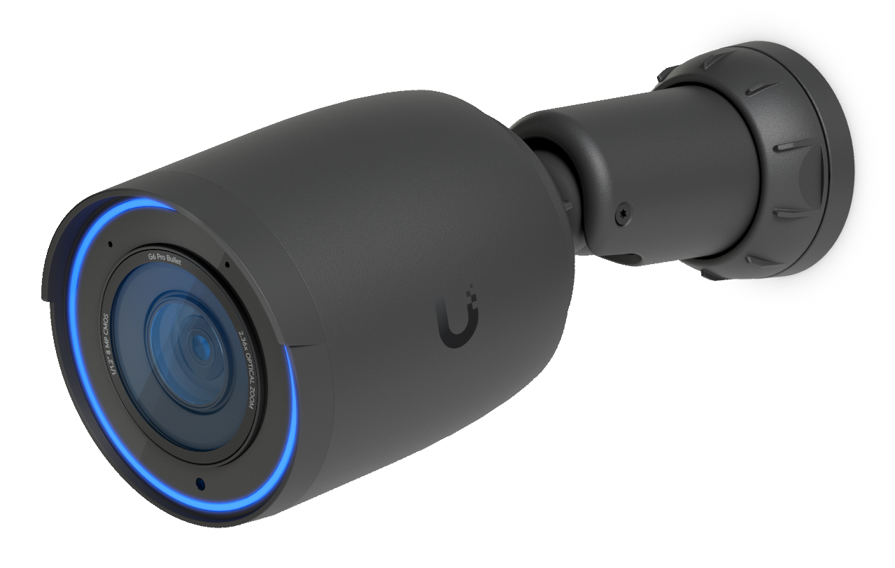 A dark gray bullet security camera with a blue light ring around the lens.