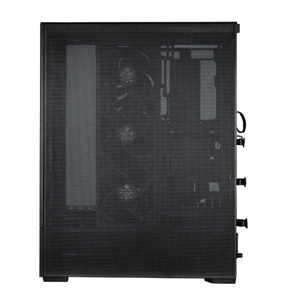 Case del computer nero con frontale in mesh e ventole, su sfondo bianco.