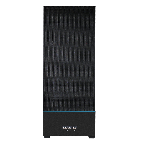 Case del computer nero con frontale in mesh, accento blu e logo LIAN LI.