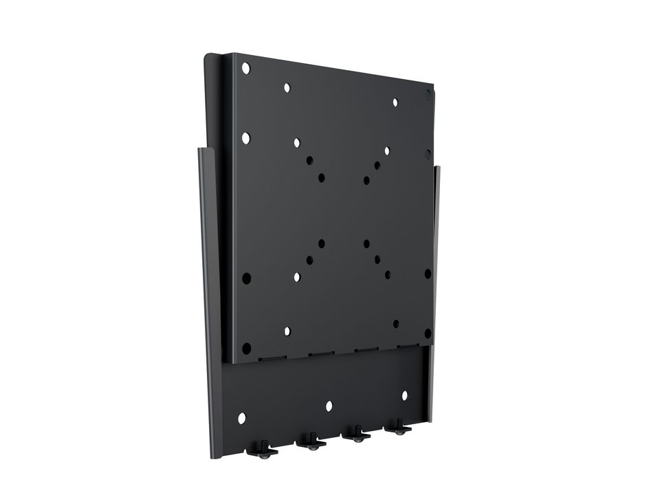 Eine schwarze TV-Wandhalterung mit vielen Bohrlöchern und Haken.