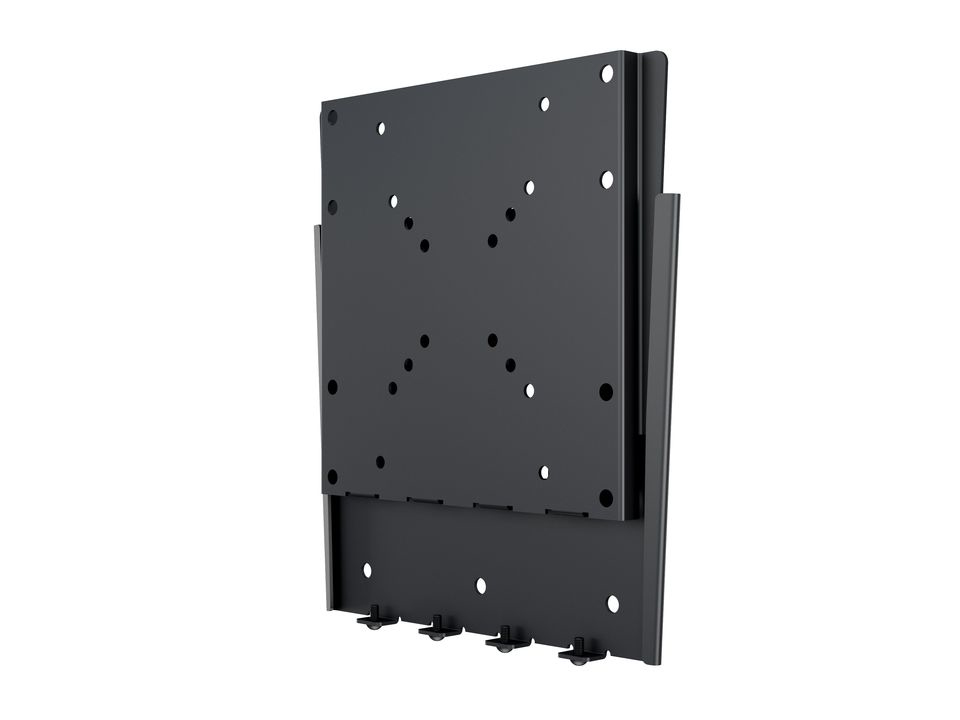 Eine schwarze, rechteckige Wandhalterung für Fernseher aus Metall mit vielen Bohrlöchern.