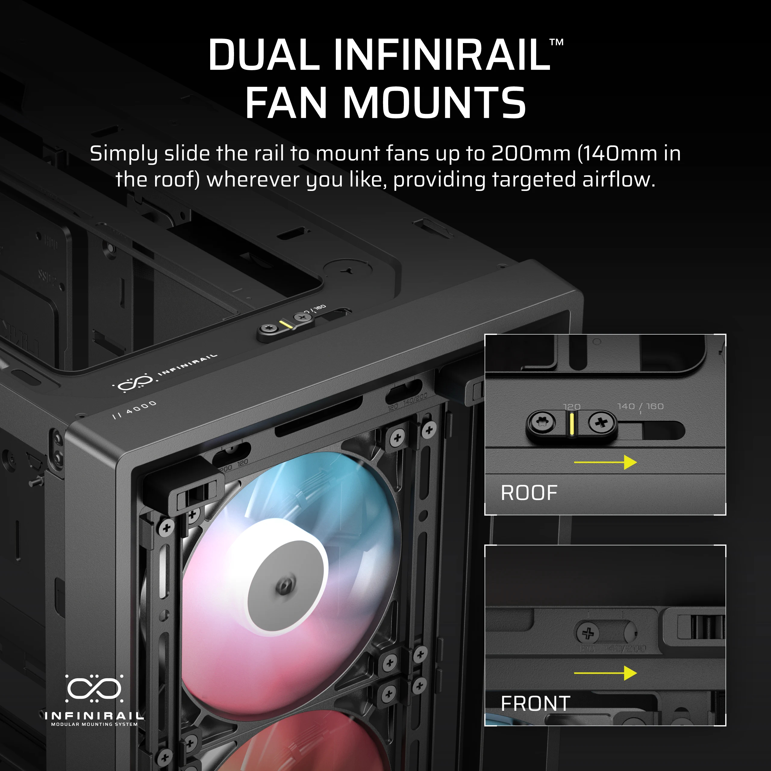Case del computer con supporti per ventole che scorrono fino a 200 mm.