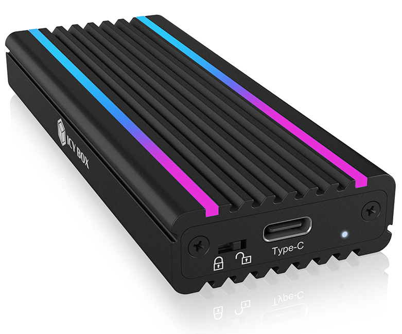 Caja SSD Icy Box negra con luces LED azul y rosa, puerto Tipo-C.