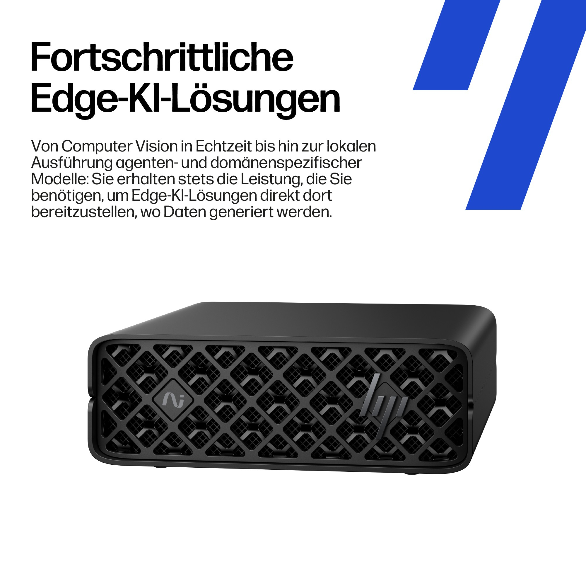 Server nero per edge computing con testo ed elementi grafici blu.