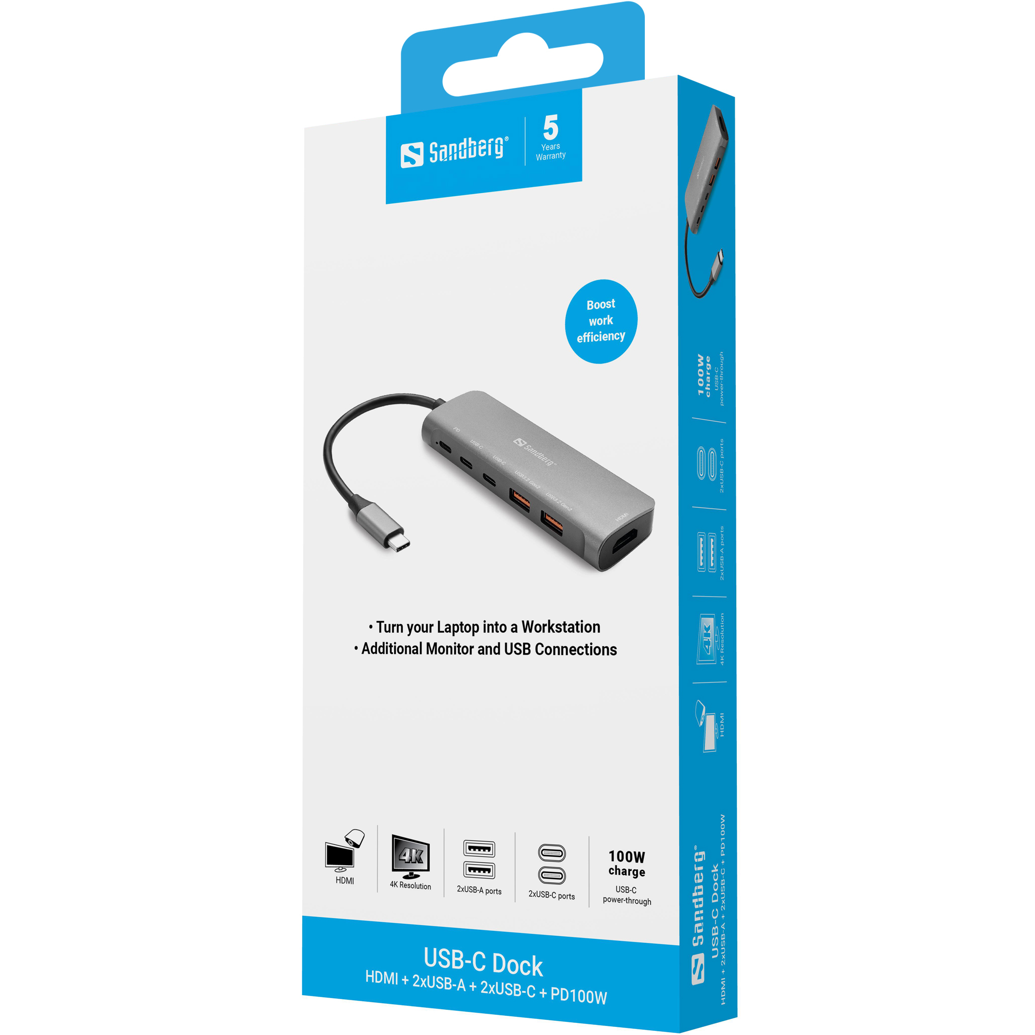 Dock Sandberg USB-C con HDMI, 2xUSB-A, 2xUSB-C e PD da 100W.