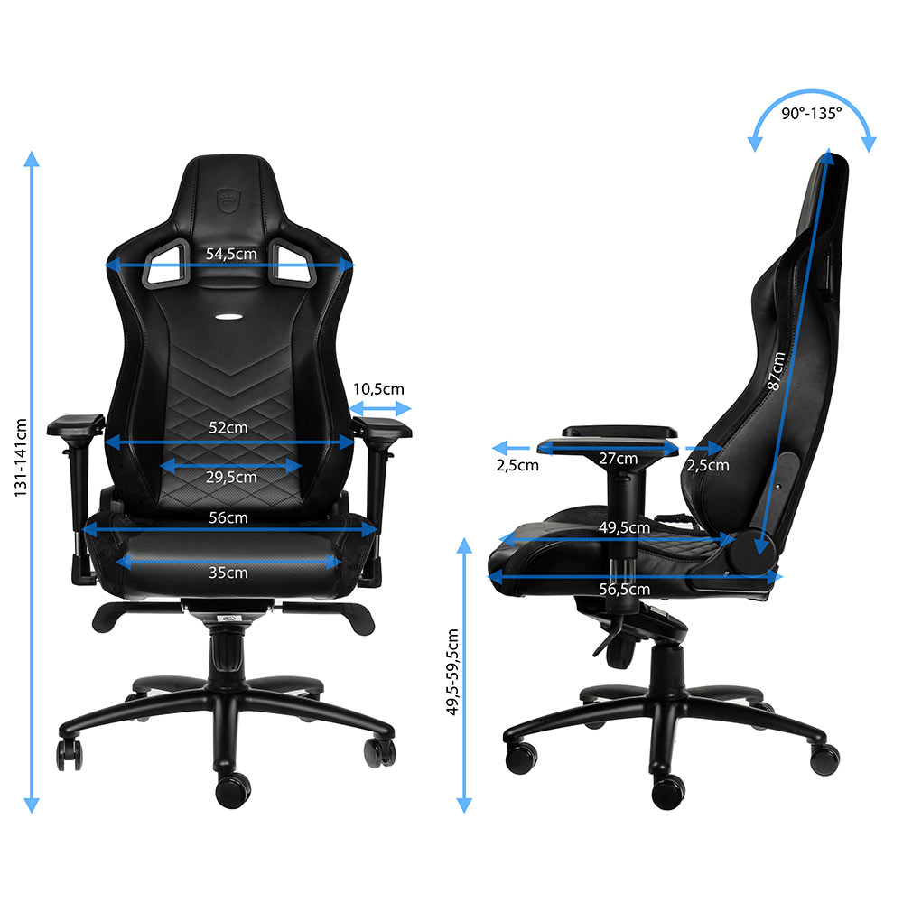 Sedia da gaming nera con dimensioni in cm. Viste frontale e laterale.
