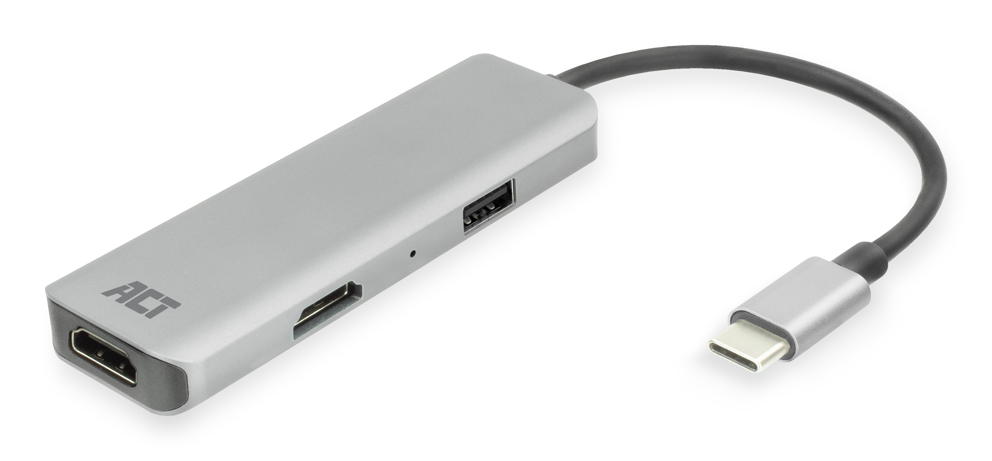 Hub USB-C argento con porta HDMI, USB-A e cavo.