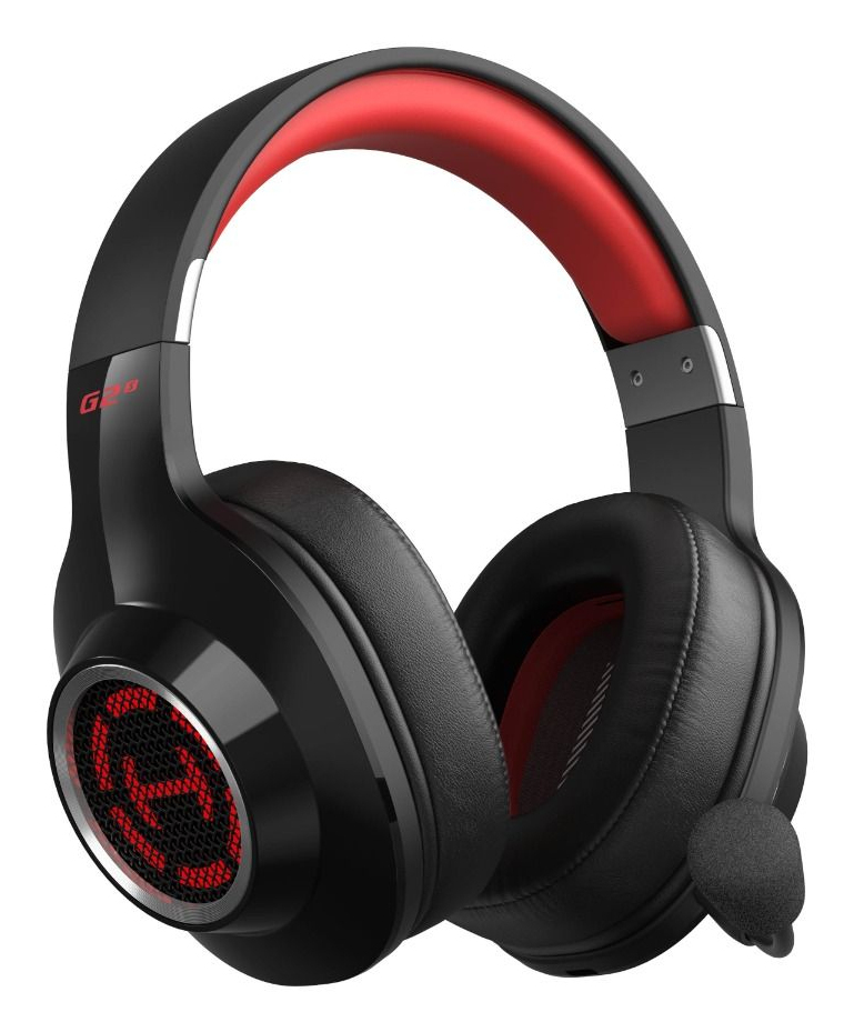 Casque noir avec rembourrage intérieur rouge et microphone.