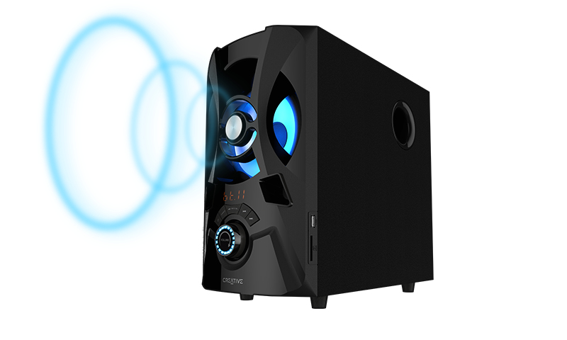 Altavoz negro con efectos de luz azul y ondas sonoras.