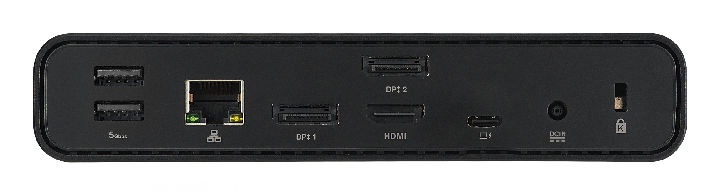 Dispositivo nero con porte: 2x USB, Ethernet, 2x DP, HDMI, USB-C, DCIN.