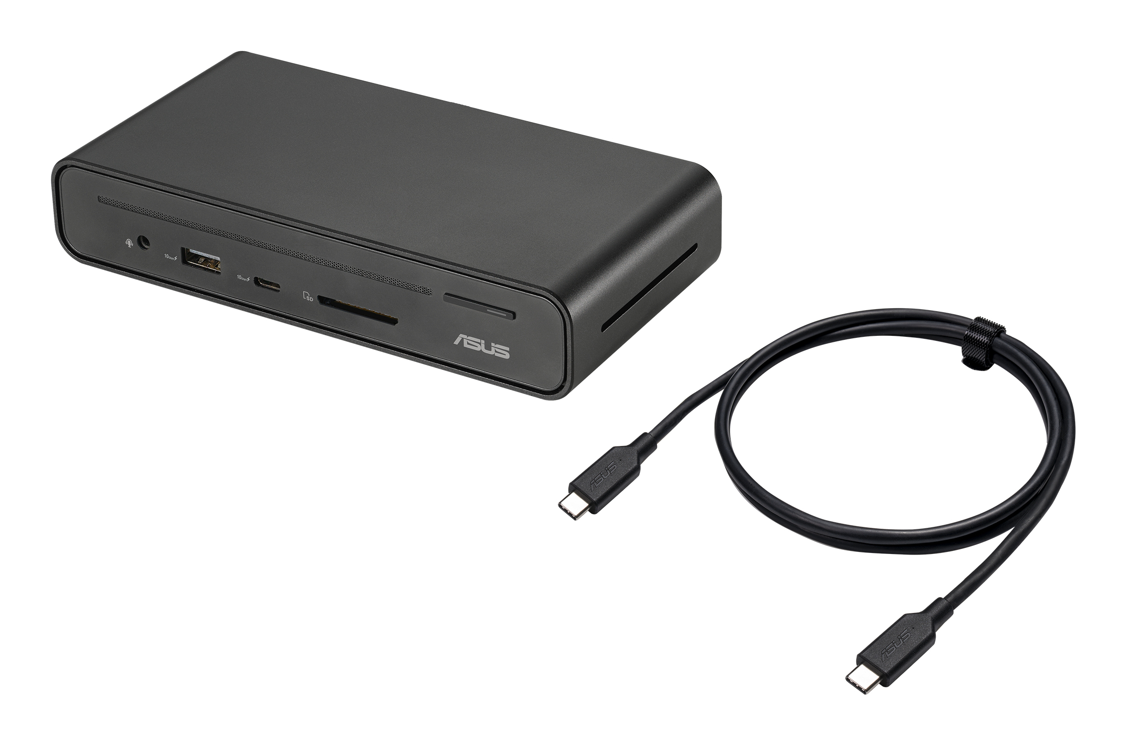 Docking station ASUS nera con cavo USB-C su sfondo bianco.