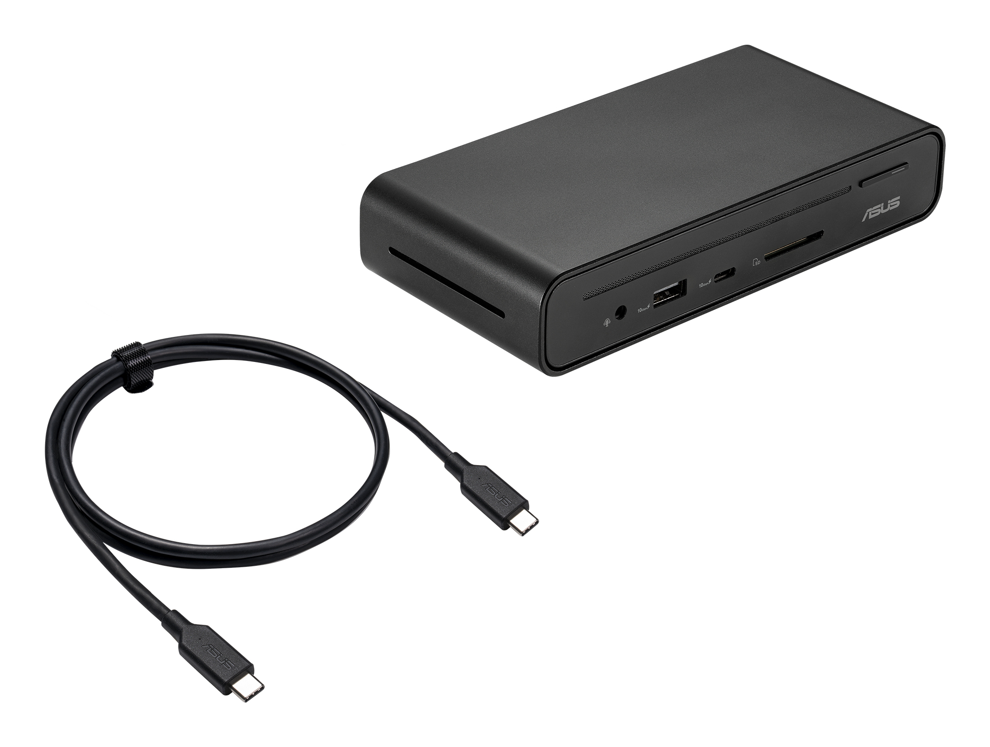 Stazione di docking ASUS nera con cavo USB-C accanto.