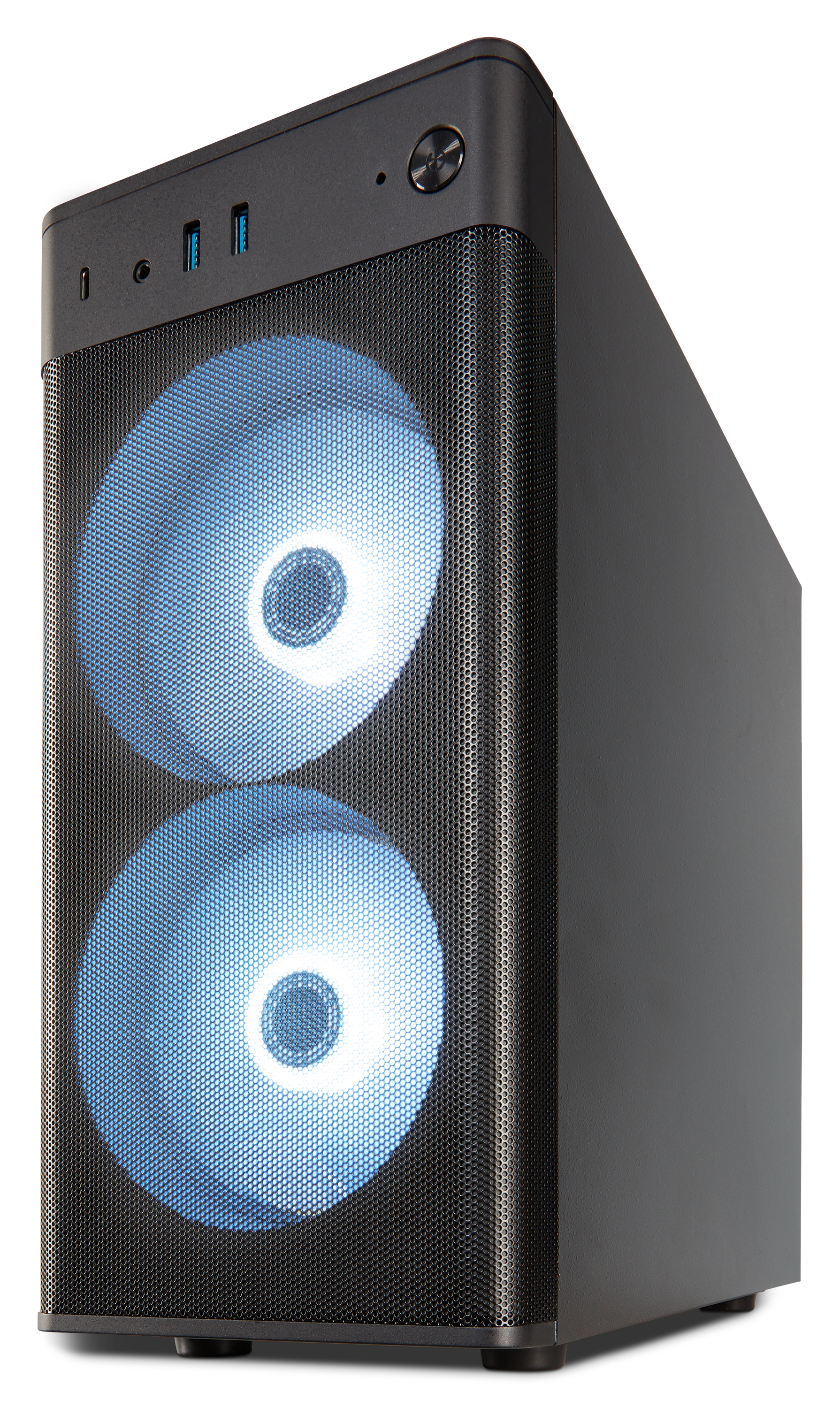 Tour d'ordinateur noire avec ventilateurs éclairés en bleu et ports USB.