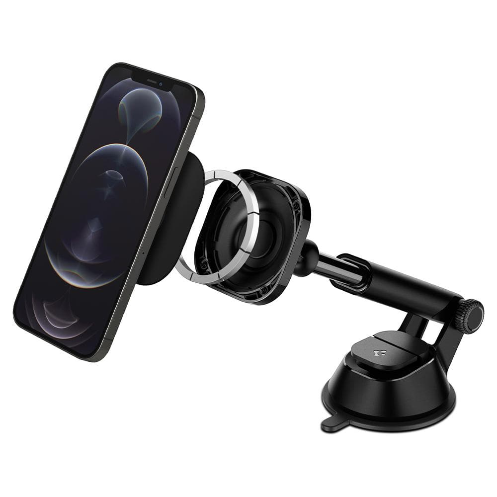 Black car phone mount with a phone attached, showing magnetic ring.