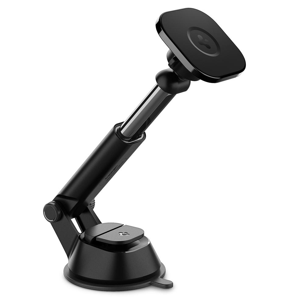 Black magnetic phone holder with adjustable arm and suction cup base on white.