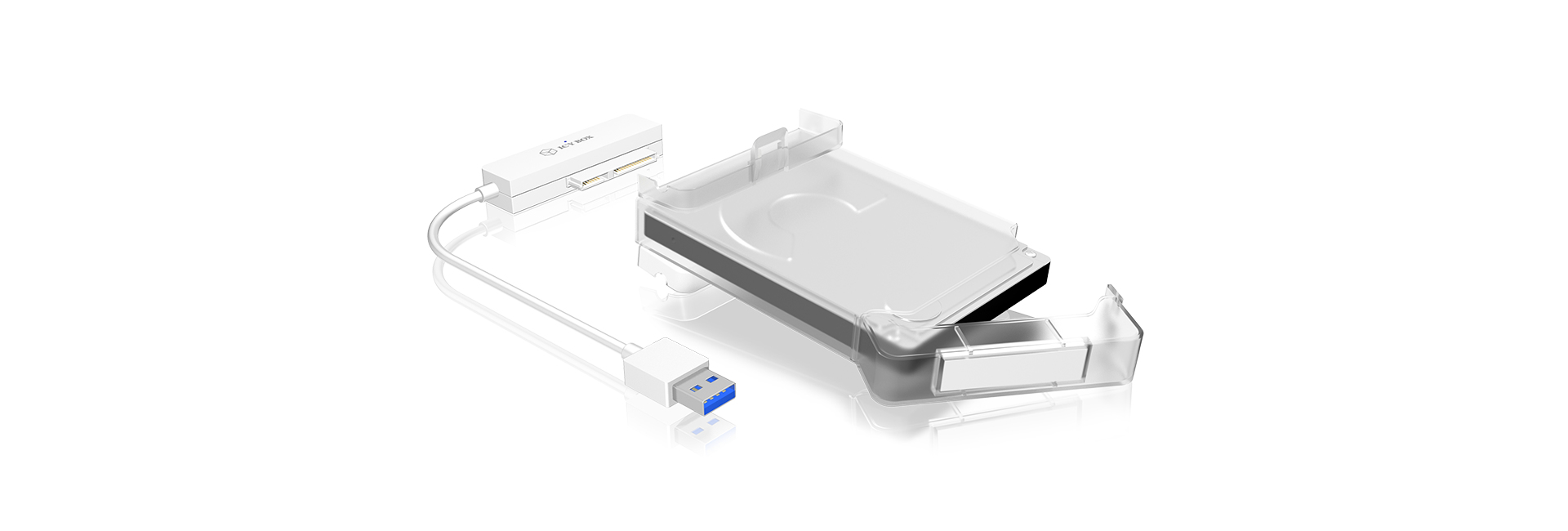 Un adattatore SATA a USB bianco con cavo e un inserto di coperchio trasparente.