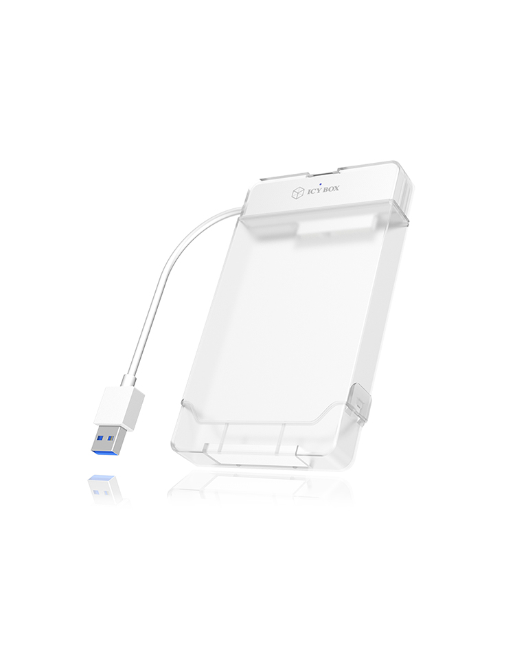 Un case per hard disk ICY BOX trasparente con cavo USB su sfondo bianco.