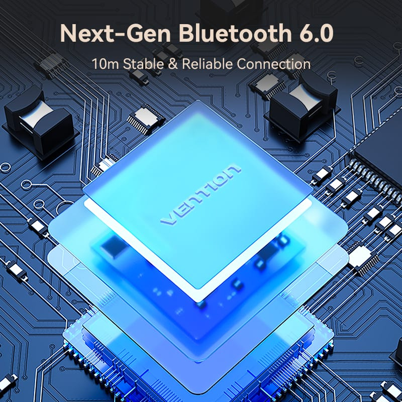 Schaltkreisplatine mit leuchtend blauen Chips und Text 'Next-Gen Bluetooth 6.0'.