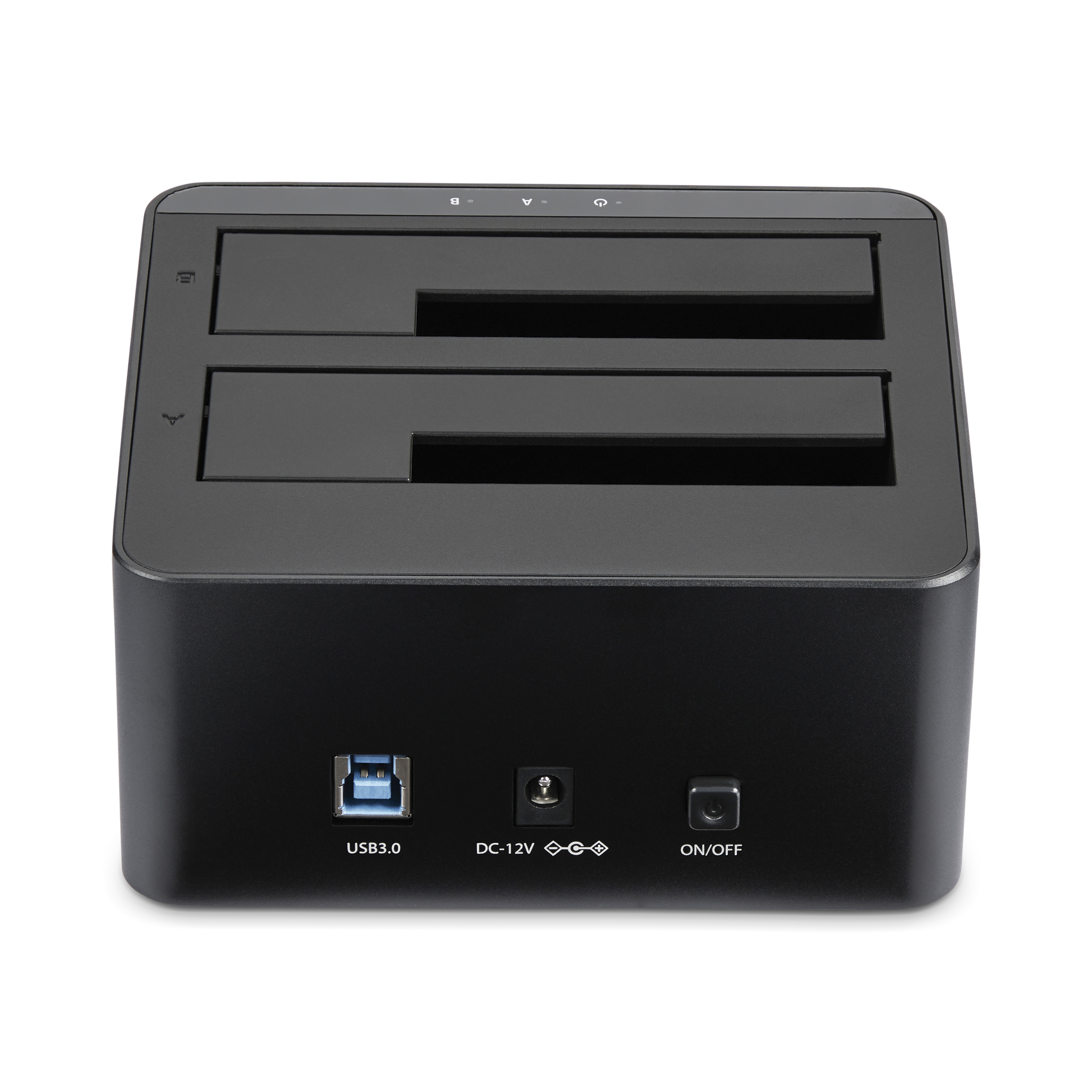 Schwarzer Festplatten-Dockingstation mit zwei Einschüben, USB 3.0, DC-12V und Netzschalter.