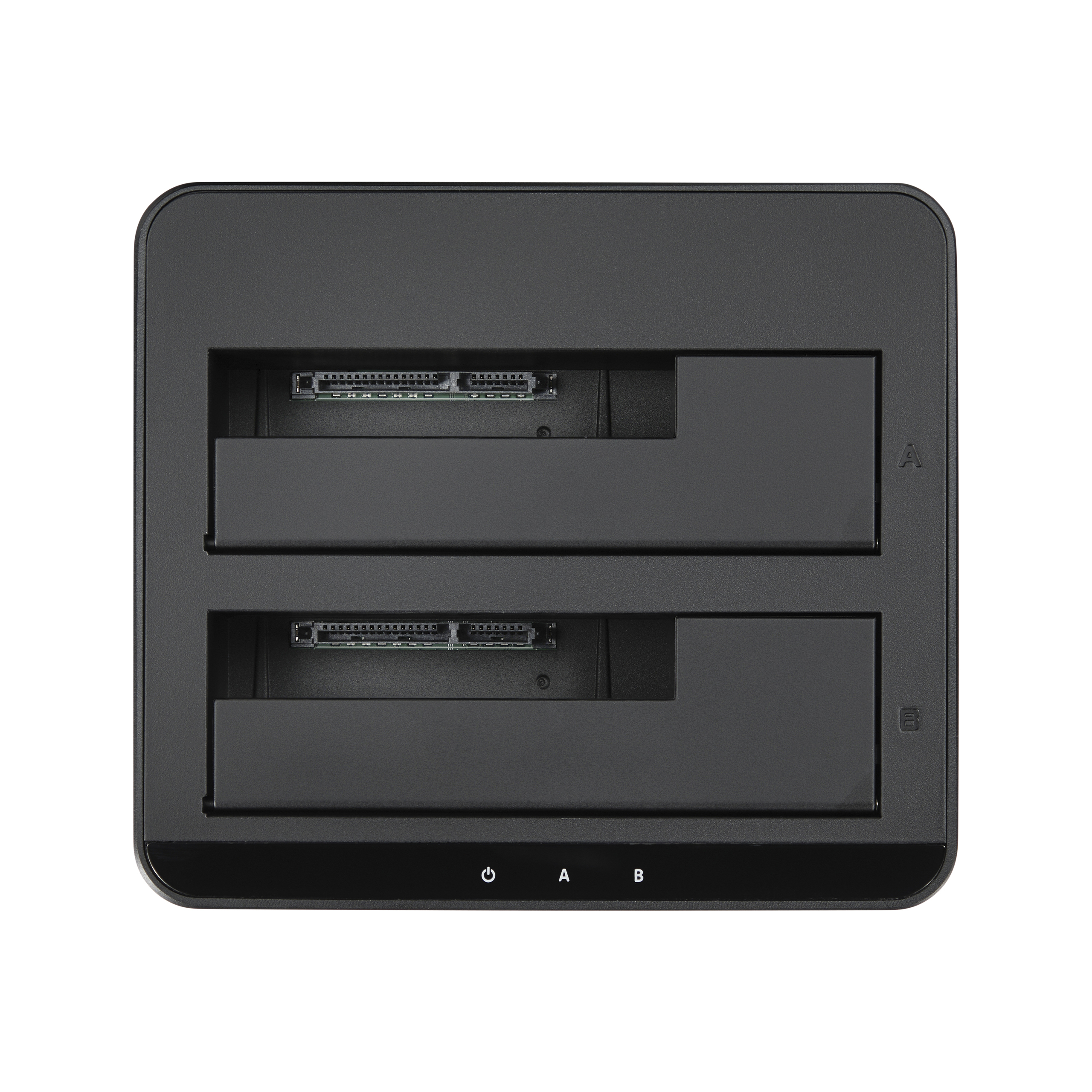Schwarzes Dual-Festplatten-Dock mit zwei Einschüben, beschriftet mit A und B.