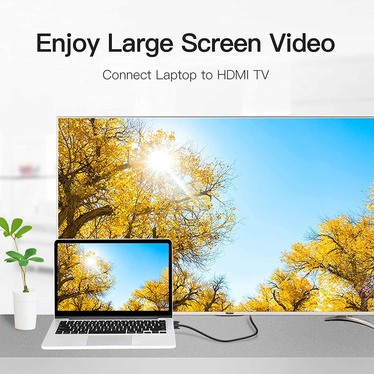 A laptop is connected to a large TV screen via an HDMI cable.