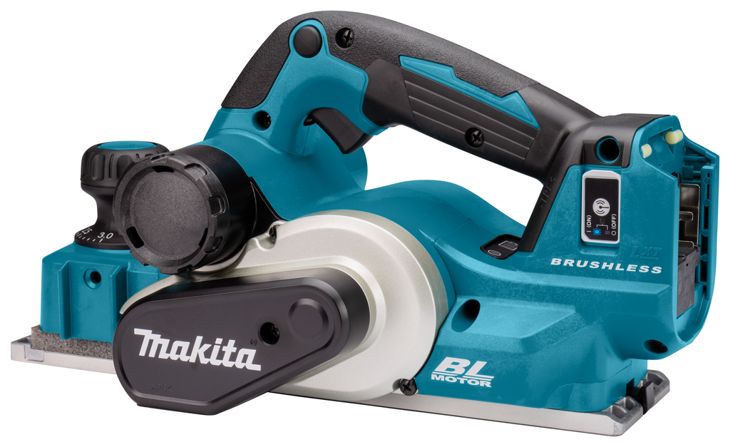 Ein blauer Makita-Hobel mit schwarzem Griff und Bedienelementen.