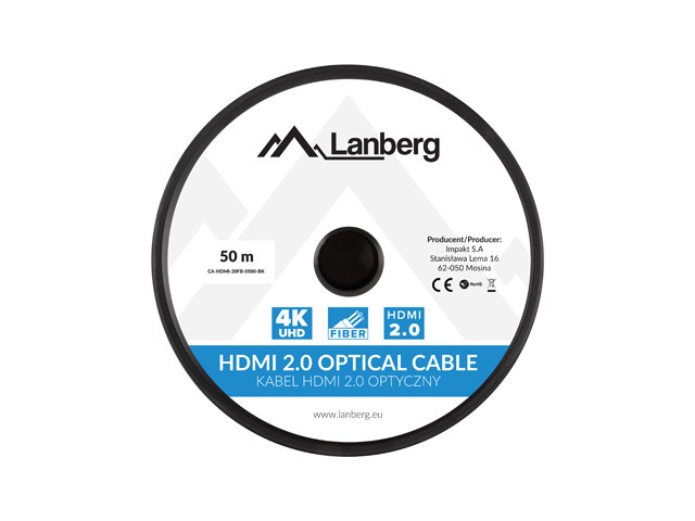 Une bobine de câble fibre optique HDMI 2.0 de 50m avec le logo Lanberg.