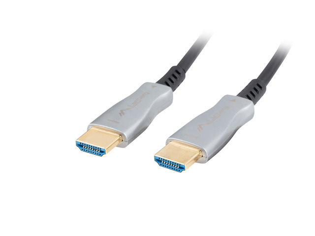 Deux connecteurs HDMI plaqués or avec inserts bleus sur un câble noir.