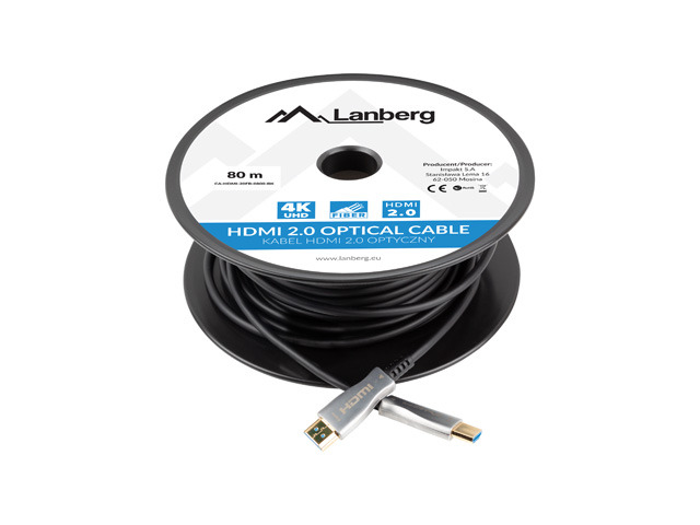 Un câble optique HDMI 2.0 noir sur une bobine, avec des connecteurs visibles.