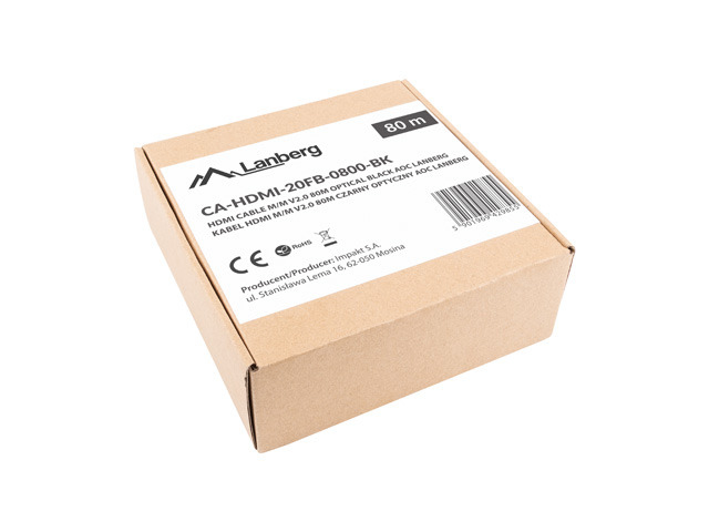 Une boîte en carton marron contenant un câble HDMI noir de 80 m.
