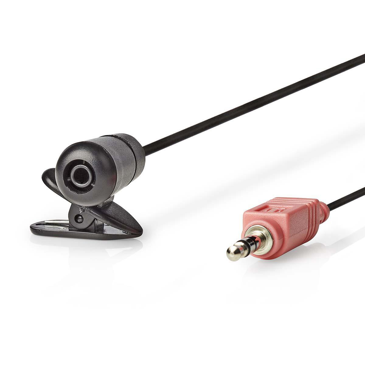 Un microfono a clip nero con spina jack e clip.