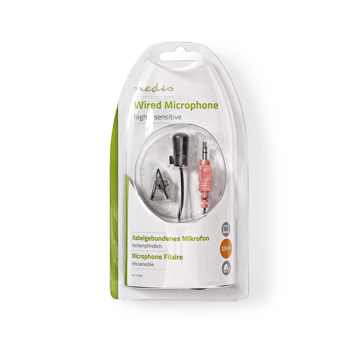 Microfono cablato confezionato con clip e jack da 3,5 mm.