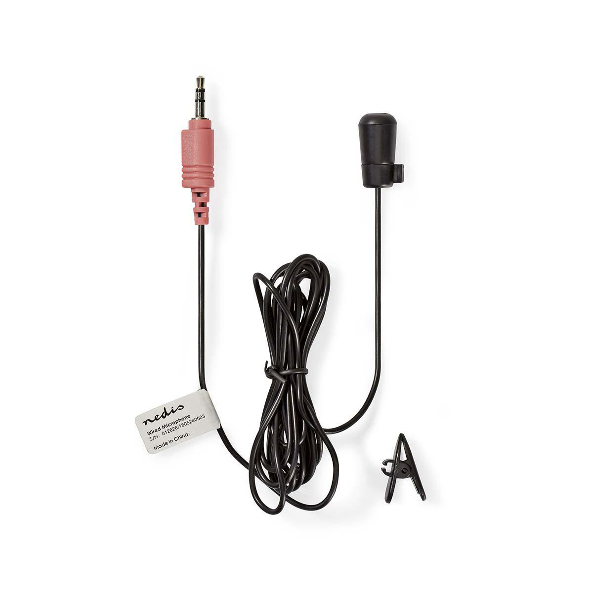 Un microfono lavalier nero con spina jack rosa e clip per cavo.