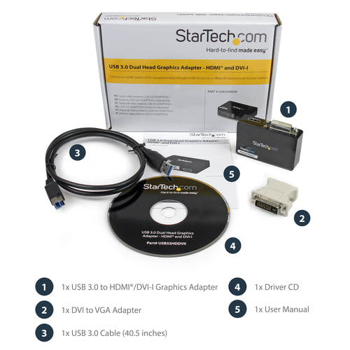 Kit adaptador gráfico StarTech USB 3.0 con cables, adaptadores, CD y manual.