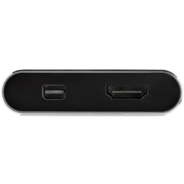 Primer plano de un panel de puertos negro que muestra un puerto mini-HDMI y un puerto HDMI.