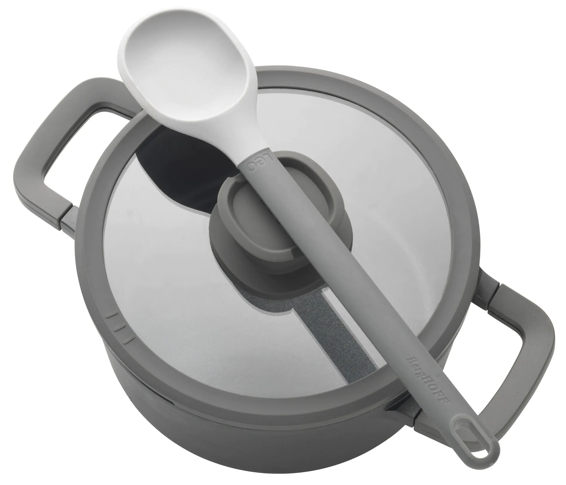 Gray pot with glass lid and white cooking spoon, BergHOFF logo.